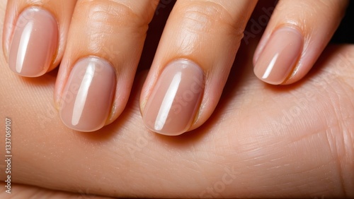Natural nude nail polish for elegant hands, showcasing manicure and nail care techniques.