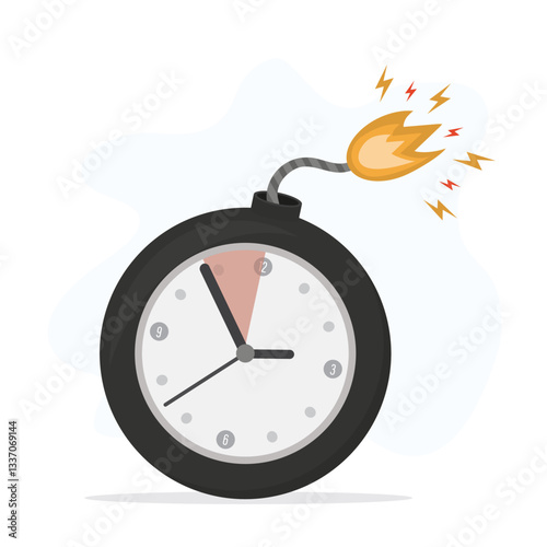 Alarm clock like bomb with burning fuse. Time measurement concept. Stopwatch sticker, icon. Deadline, limited time, countdown. Colored design isolated on white background