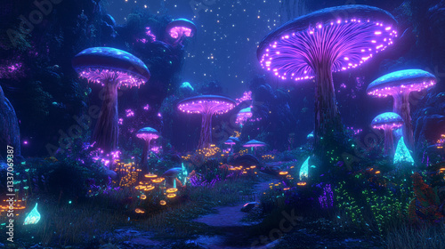 Fototapeta Naklejka Na Ścianę i Meble -  Night fantasy alien plant magic game background. Fantastic space planet scene with mushroom, flower and psychedelic extraterrestrial nature from another world. Futuristic fairy park location to play
