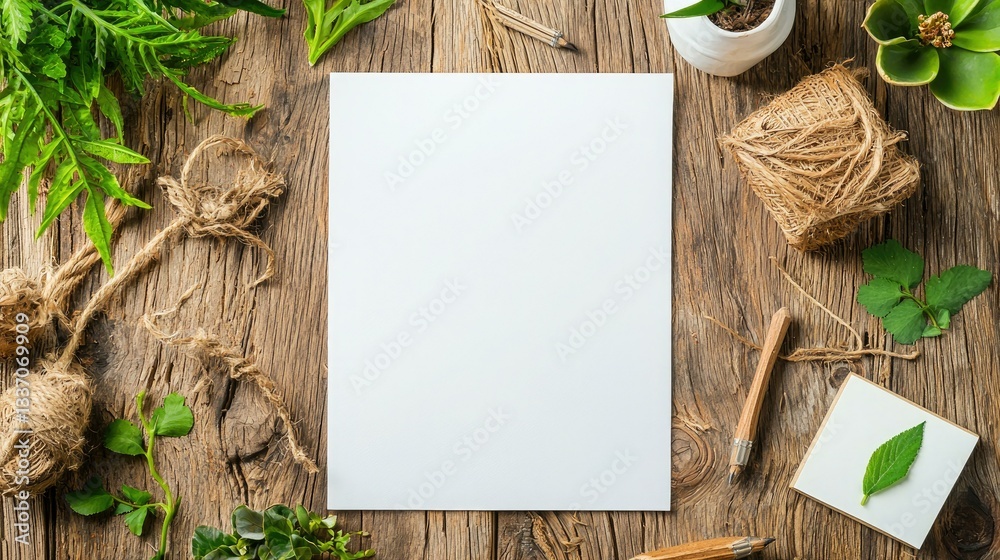 A blank sheet of paper surrounded by fresh herbs and natural materials on a rustic wooden table, perfect for creative projects, eco-friendly designs, or botanical illustrations.