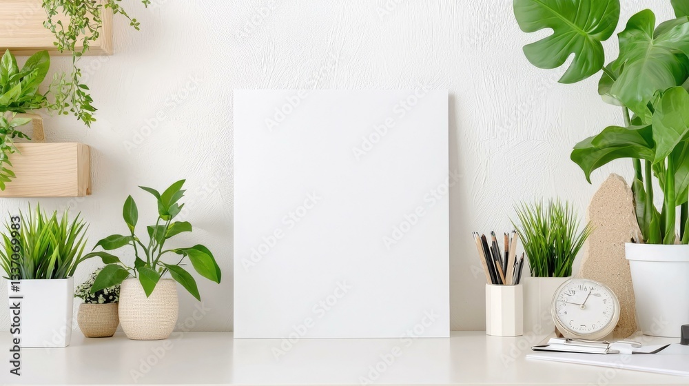 A serene workspace featuring a blank canvas surrounded by lush green plants, elegant holds, and stylish stationery, ideal for inspiring creativity and productivity in a calming atmosphere.