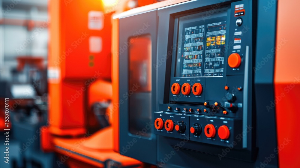 Modern industrial control panel with digital display and various buttons, used for operating machinery in a manufacturing or workshop environment, showcasing advanced technology and innovation.