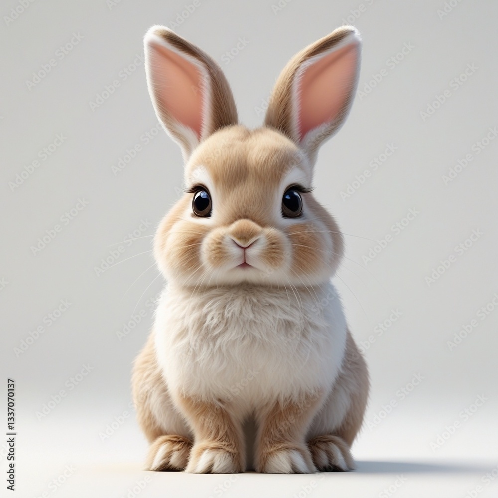 Fototapeta premium The digital illustration features a fluffy baby rabbit with soft brown and white fur, large glossy eyes, pointed ears, and pink inner side, surrounded by a plain white background.