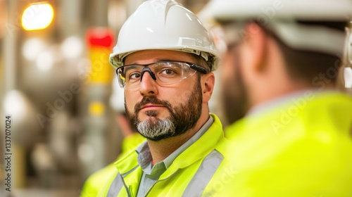 Professional construction workers in safety gear engaged in a detailed conversation at a construction site, focused on safety protocols and project management efforts for a successful outcome.