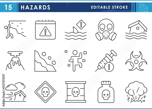 A set of line icons related to Hazards. Natural, flood, disaster, chemical, accident, sign, toxic, and so on. Vector editable stroke.