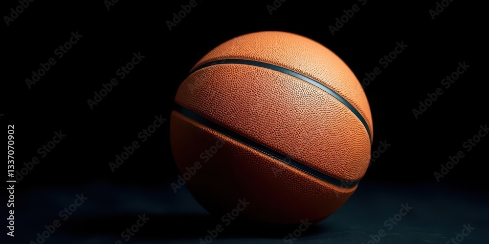 Obraz premium Close-up of basketball on dark surface, stark contrast, shadow, studio