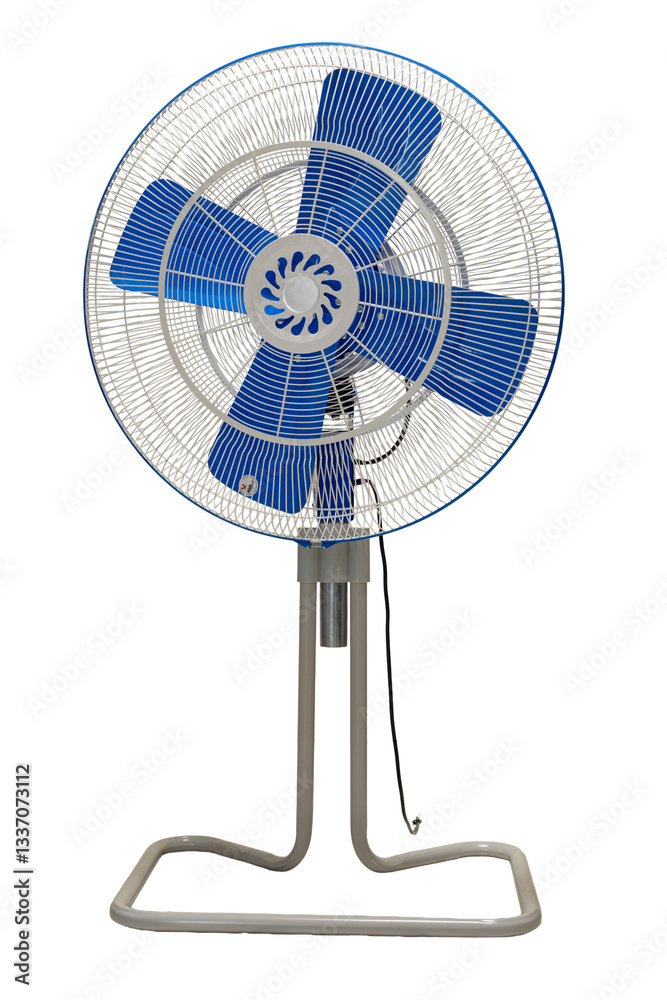 Obraz premium Front view of industrial electric fan with blue blades and sturdy base for efficient air circulation