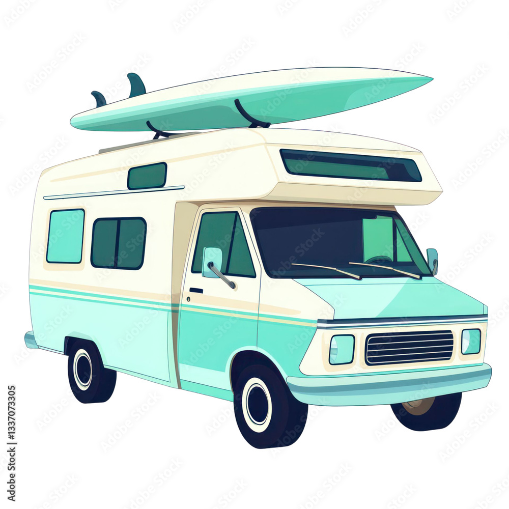 Naklejka premium Stylized van with surfboards on transparent background blue and cream colors perfect for travel adventure and outdoor recreation