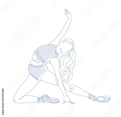A minimalistic one-line drawing of a ballerina in a graceful pose, depicted on a white background. A delicate continuous line vector illustration in light blue