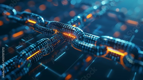 A futuristic digital chain made of interconnected glowing blocks, symbolizing blockchain technology, set against a dark blue high-tech background
