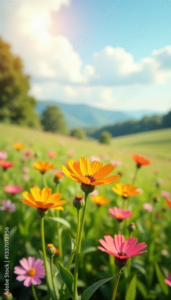 Sweet wildflowers in sun-drenched meadow, blurred horizon , landscape, light, colorful Sweet wildflowers in sun-drenched meadow, blurred horizon , landscape, light, colorful