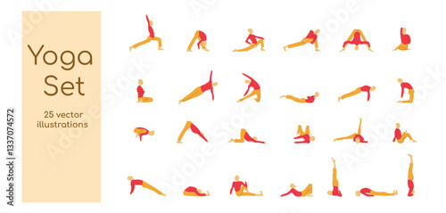 Collection of flat-style illustrations showing various yoga poses and asanas. Simplified human figures in red and yellow demonstrate flexibility, balance, and mindfulness exercises
