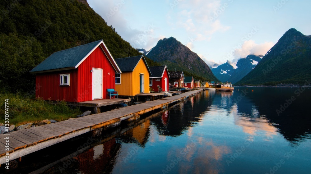 Fototapeta premium A small fishing village in Alaska, surrounded by towering mountains