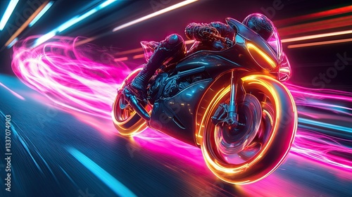 A glowing motorcycle leaving vibrant trails.