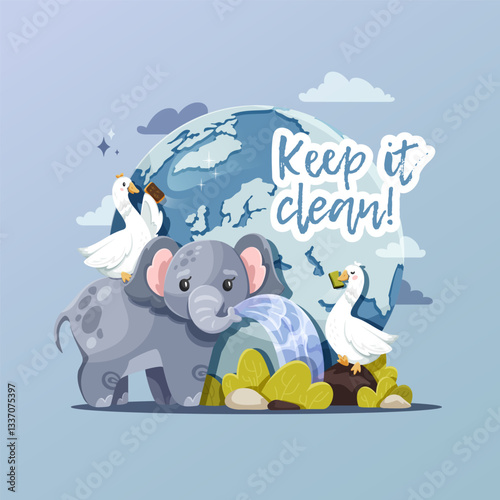 Cute gray elephant and white geese on a light blue background, cleaning nature. Eco-friendly concept with animals protecting the planet. Earth illustration with "Keep it clean" text, vector clip art