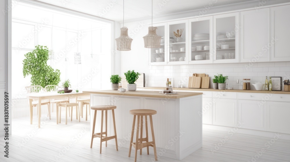 Fototapeta premium Bright Scandinavian Kitchen Design with Island and Dining Area