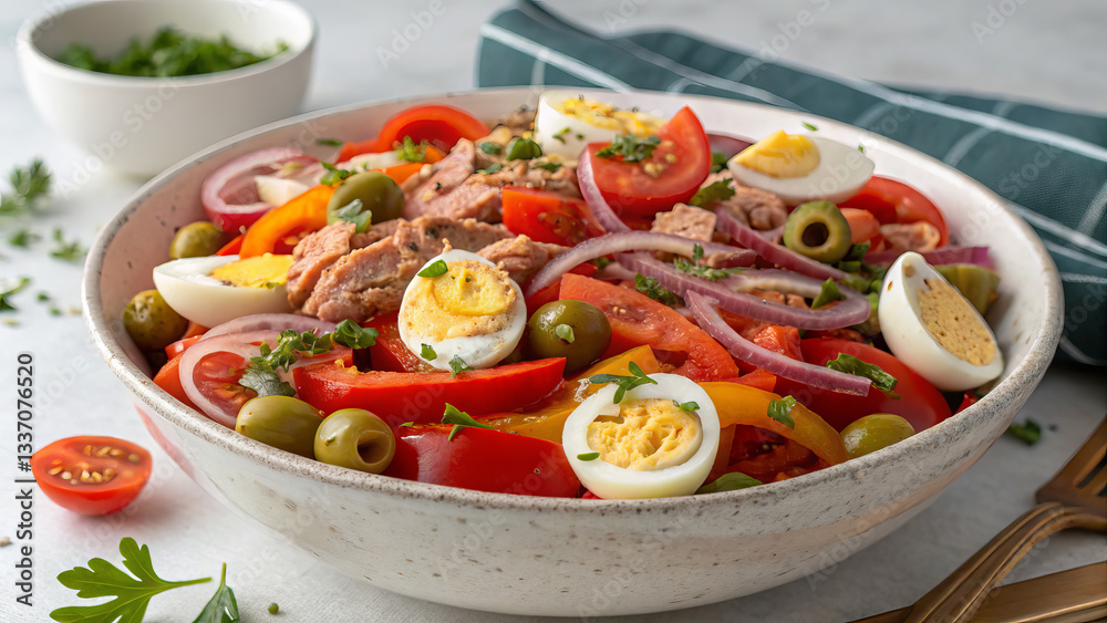 Meshuya salad - sweet peppers, tomatoes, onions and garlic sauteed in olive oil with tuna, eggs, olives or capers. Meshuya salad - sweet peppers, tomatoes, onions and garlic sauteed in olive oil with tuna, eggs, olives or capers.