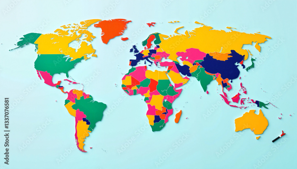 Obraz premium Vibrant world map illustration with colorful regions, global awareness
