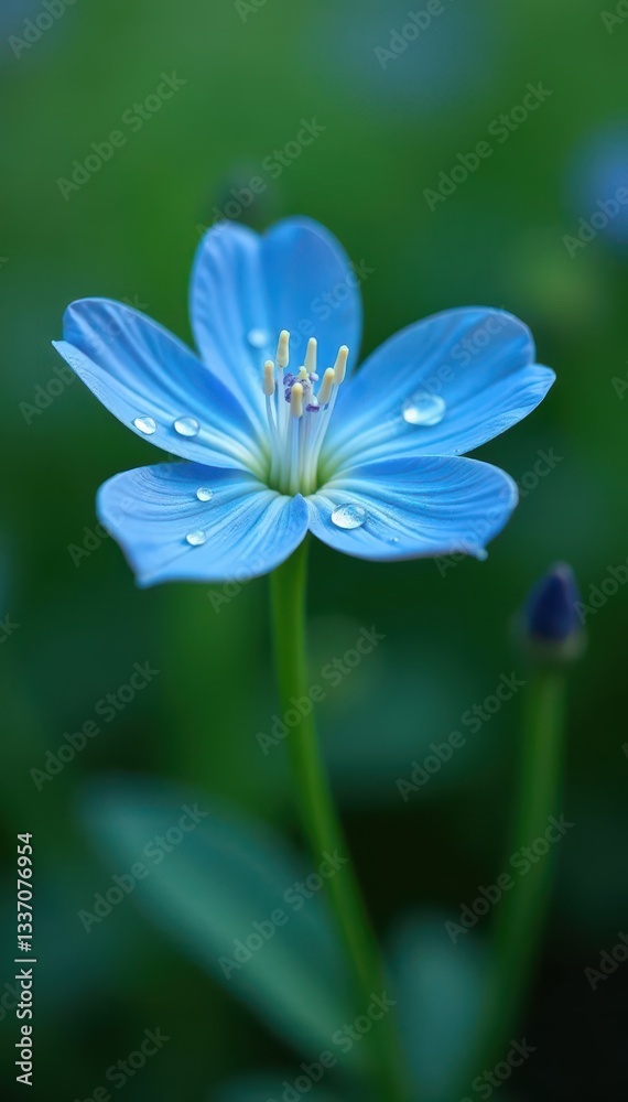 Delicate blue wildflower close-up, dew drops on petals, petal detail, close-up shot Delicate blue wildflower close-up, dew drops on petals, petal detail, close-up shot