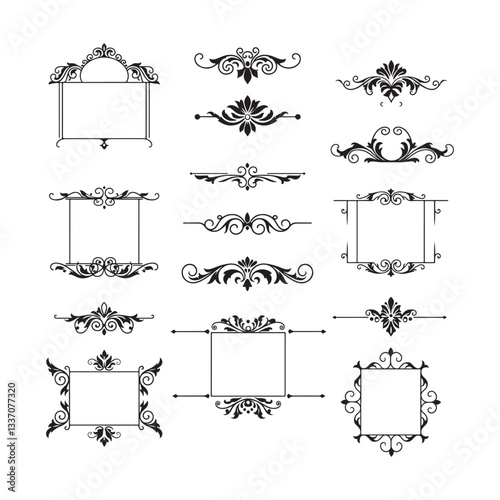 vintage calligraphic design elements and page decorations vector set with floral scrolls and ornate frames