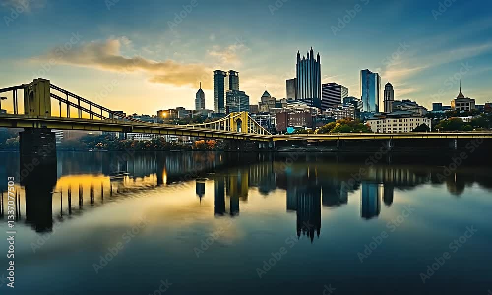 Scenic view of Pittsburgh skyline at sunset, reflecting on the river, with bridges and city life visible Scenic view of Pittsburgh skyline at sunset, reflecting on the river, with bridges and city life visible