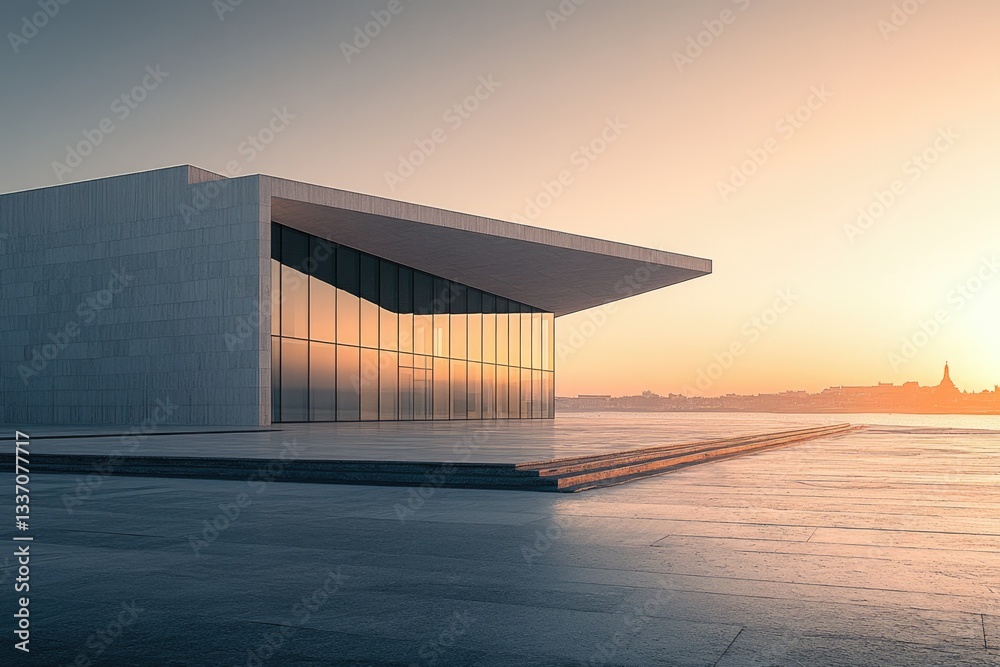Modern glass and concrete building at sunset, reflecting city skyline. Modern glass and concrete building at sunset, reflecting city skyline.