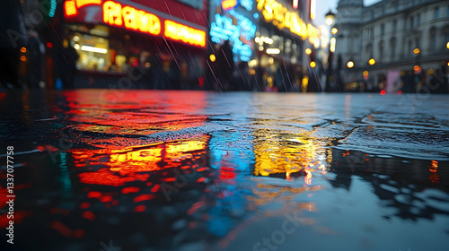 Wallpaper Mural Vibrant neon reflections on wet pavement in a bustling city street during a rainy evening Torontodigital.ca