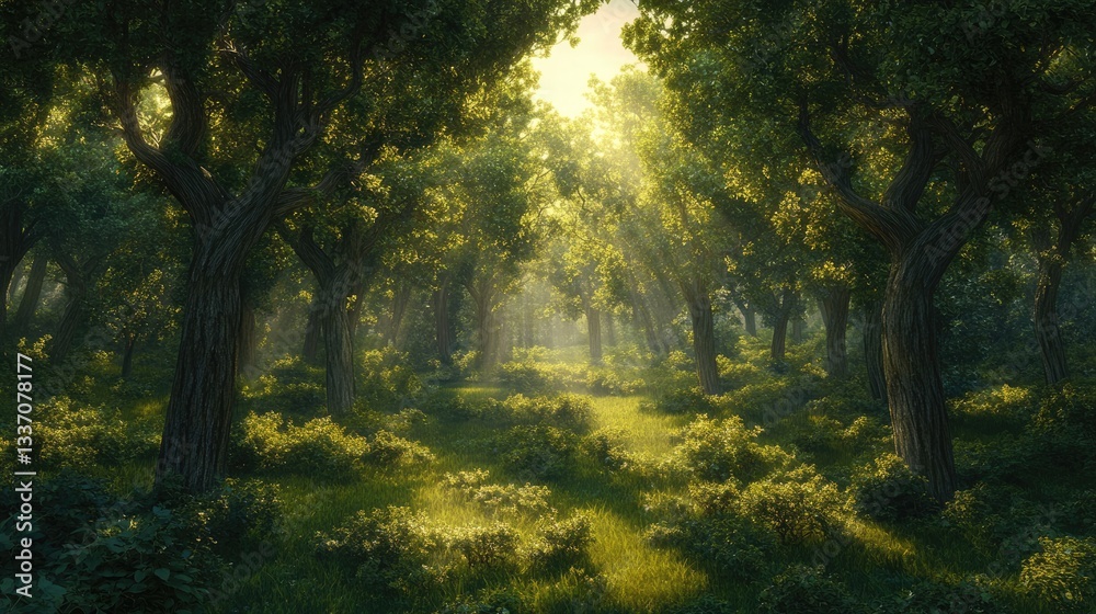 Sunlit Forest Path: A Digital Painting of Tranquil Nature Sunlit Forest Path: A Digital Painting of Tranquil Nature
