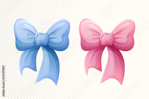 Vector clipart illustration of bows in pink and blue on a light beige background. Perfect for gender celebration designs, baby showers, and festive decorations. Soft and elegant style