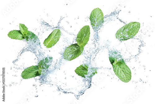 mint water splash with mint leaves isolated on white background cutout image and isolated on transparent background 