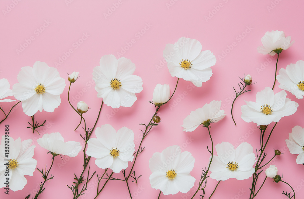 Minimalist Flat Lay of White Cosmos Flowers on Pink Background – Aesthetic Floral Pattern for Wedding Cards, Birthday Cards, Product Packaging & Social Media Design Minimalist Flat Lay of White Cosmos Flowers on Pink Background – Aesthetic Floral Pattern for Wedding Cards, Birthday Cards, Product Packaging & Social Media Design