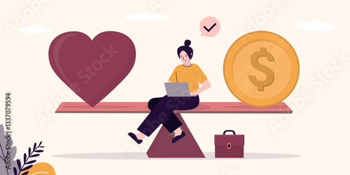 Work and Life balance concept. Woman with laptop sitting on seesaw. Work–life balance. Choice between family, friends, entertainment, love and career, money, finances,