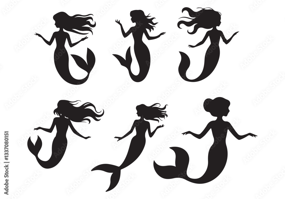Mermaid Silhouette Set: Swimming Posing Mermaid Graphics Vector Pack Mermaid Silhouette Set: Swimming Posing Mermaid Graphics Vector Pack