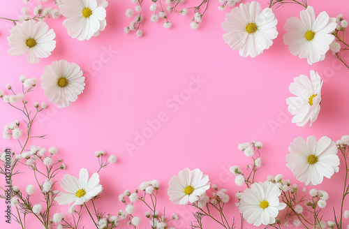 Minimalist Flat Lay of White Cosmos Flowers on Pink Background – Aesthetic Floral Pattern for Wedding Cards, Birthday Cards, Product Packaging & Social Media Design