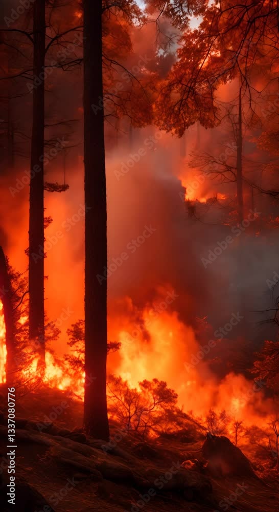 The fire burning in the forest spread over a wide area bright orange flames licking the tall trees thick smoke billowing into the sky 1 4K vertical The fire burning in the forest spread over a wide area bright orange flames licking the tall trees thick smoke billowing into the sky 1 4K vertical