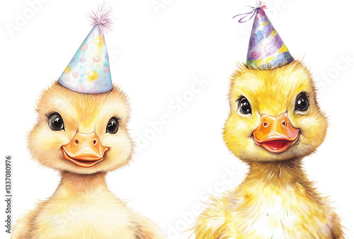 cute baby duck with birthday cap clipart, drawing portrait isolated on transparent background