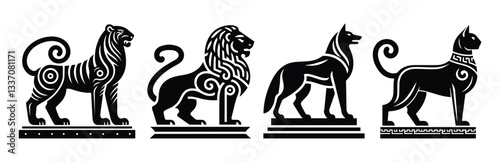 set of animal statues in ancient greek style: lion, tiger, wolf and cat, simple, flat style, icons isolated on transparent
