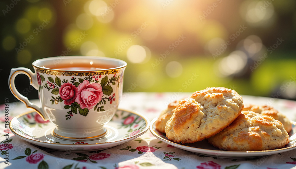 Cup of tea and freshly baked biscuits on floral tablecloth Cup of tea and freshly baked biscuits on floral tablecloth