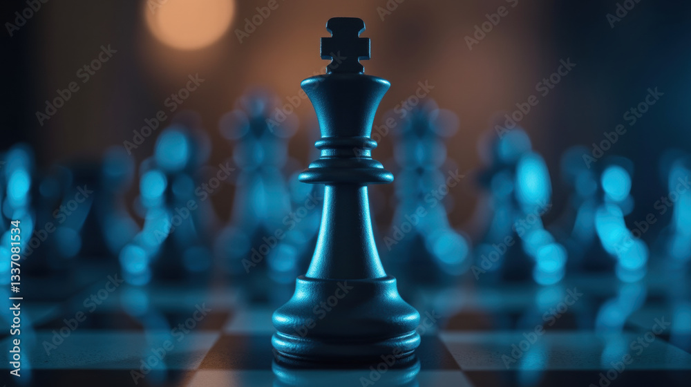 close up of chess king piece surrounded by blurred chess pieces, creating dramatic focus close up of chess king piece surrounded by blurred chess pieces, creating dramatic focus