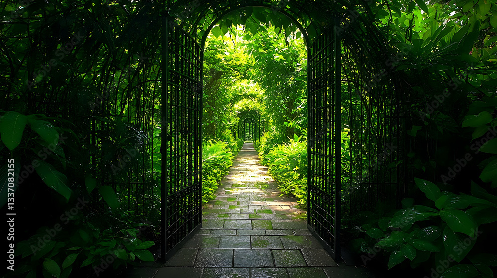 Fototapeta premium A serene garden pathway framed by lush greenery and ornate iron gates, inviting exploration