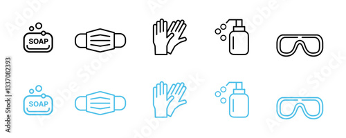 personal protection equipment icons - medical mask, latex gloves, soap, dispenser, protective glasses. Coronavirus, covid 19 prevention items. Line, outline symbols