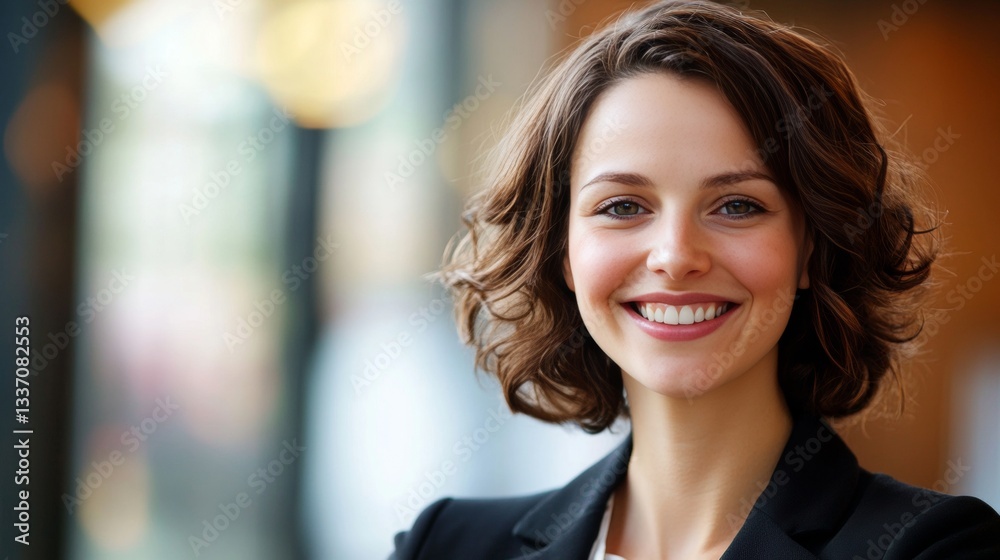Fototapeta premium Smiling young businesswoman with curly hair in a professional suit, confident and successful career woman