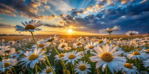 Golden Hour Chamomile Field: Sunlit Flowers & Azure Sky - Stunning Nature Stock Photo