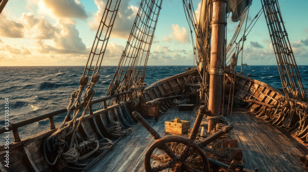 Naklejka premium Old pirate ship deck view with steering wheel background. Wood sail boar in sea. Antique galleon vessel with net and treasure chest. Summer adventure on battleship game landscape illustration