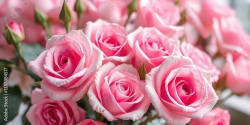 Soft focus, blurred background of light pink roses, pastel tones, blush, bloom