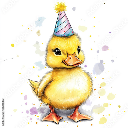 cute baby duck with birthday cap clipart, drawing portrait isolated on transparent background