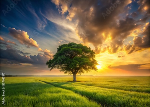 Golden Sunset Over Lush Green Field with Solitary Tree - Landscape Photography