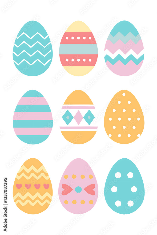 Nine illustrated pastel Easter eggs feature various patterns zigzags, stripes, polka dots, hearts, and geometric designs. Soft color palette. Nine illustrated pastel Easter eggs feature various patterns zigzags, stripes, polka dots, hearts, and geometric designs. Soft color palette.