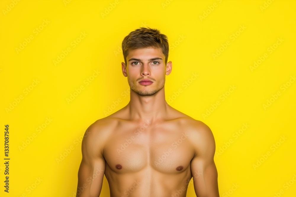 Fototapeta premium A man with a muscular chest stands in front of a yellow wall. Concept of confidence and strength, as the man's chest muscles are prominently displayed. The yellow background adds a pop of color