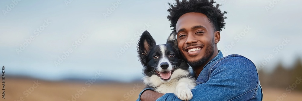 Obraz premium A man is holding a dog and smiling. The dog is black and white. Scene is happy and joyful